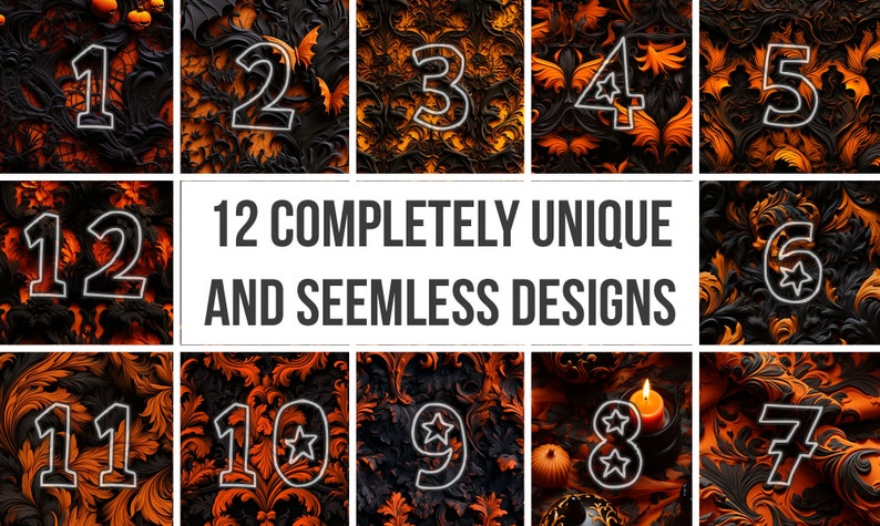3D Halloween Damask Black & Orange - Digital Paper 12 Seamless + 5 Free ...