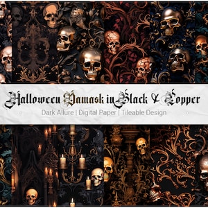 May include: A seamless digital paper pattern featuring a black and copper damask design with skulls. The text "Halloween Damask in Black & Copper" is displayed in a gothic font. The text "Dark Allure | Digital Paper | Tileable Design" is also displayed.