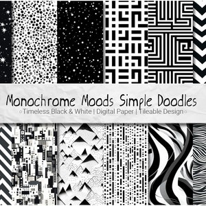 Puede incluir: Un conjunto de 10 patrones de papel digital en blanco y negro. Los patrones incluyen estrellas, puntos, formas geométricas y líneas onduladas. El texto "Monochrome Moods Simple Doodles" está escrito en un trozo de papel arrugado.