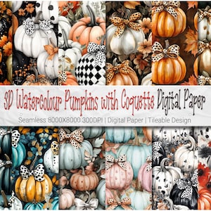 May include: A digital paper pack featuring 10 seamless patterns of watercolor pumpkins with polka dot bows. The pumpkins are in various colors, including orange, white, teal, and black. The patterns are 8000x8000 pixels and 300 DPI.