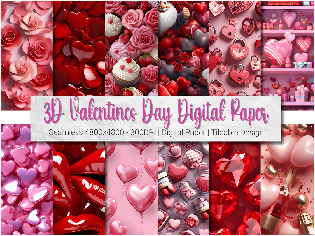 3D Valentines Digital Paper - 16 Seamless Tileable PNG Patterns, Sweet ...