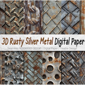 3D Silver Rusty Metal Digital Paper in 8K - 12 Seamless Patterns, Rust Rusty Old Metal Erosion Rusty Weathered Metal Backgrounds Metal Cogs