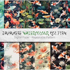 Puede incluir: Un conjunto de 10 patrones de papel digital con ilustraciones de acuarela de peces koi nadando en un estanque con nenúfares, flores de loto y plantas acuáticas. Los patrones son sin costuras y se pueden utilizar para una variedad de proyectos, como el scrapbooking, la elaboración de tarjetas y el diseño de telas.