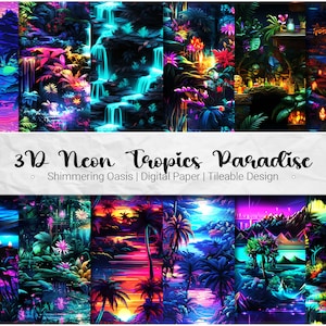 3D Neon Tropen Paradies - Digital Paper Pack 12 Seamless, Tileable PNG Patterns + 4 Bonus, High Resolution Instant Download, Neon Beach