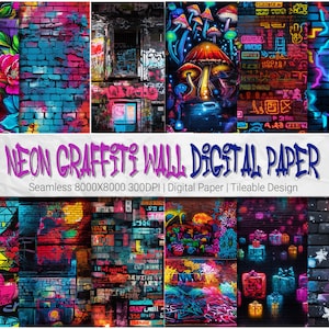 Neon Graffiti Wall Digital Paper in 8K - 13 Seamless Digital Papers Neon Graffiti Wall Backgrounds Urban Graffiti Canvas Graffiti Street Art