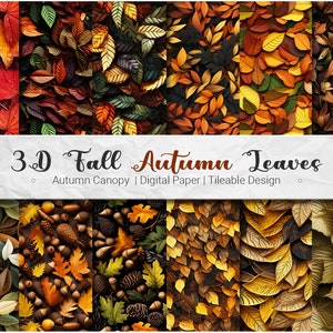 3D Fall Autumn Leaves - Digital Paper Pack 12 Seamless Tileable PNG Patterns 4 Free High Resolution Instant d/l, Fall Decor, Fall Background