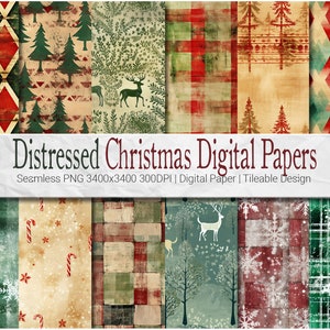 May include: A collection of distressed Christmas digital papers with various patterns. Designs include Christmas trees, deer, snowflakes, and geometric shapes in red, green, and beige tones. The text reads "Distressed Christmas Digital Papers".