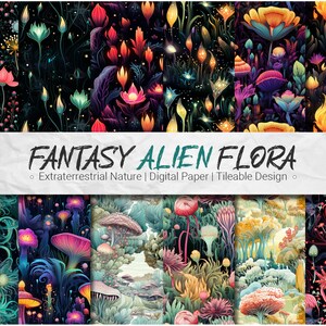 May include: Four digital paper designs featuring vibrant, colorful, and fantastical alien flora. The designs are tileable and feature glowing flowers, mushrooms, and other plant-like structures.