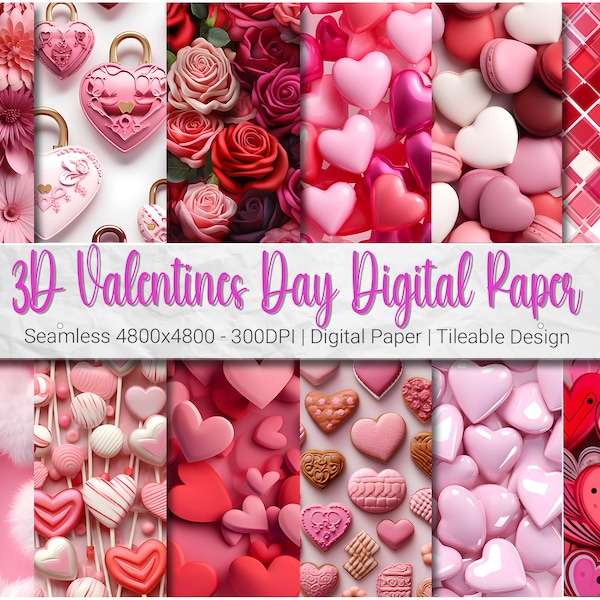 3D Valentines Digital Paper - 16 Seamless Tileable PNG Patterns, Valentine Latte, Hearts Cookies, Macaroons, Flowers, Valentines Backgrounds