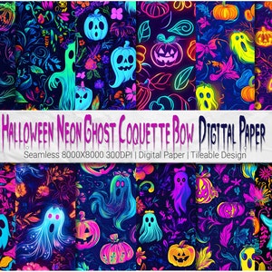 Halloween Neon Ghost Coquette Bow Digital Paper in 8K - 12 Seamless Patterns Coquette Halloween Mama Girly Halloween Girly Coquette Bow Neon