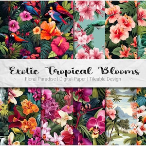 May include: A set of six digital paper designs featuring tropical flowers, birds, and foliage. The designs are seamless and can be tiled to create larger patterns. The designs are perfect for creating invitations, cards, scrapbook pages, and other craft projects.