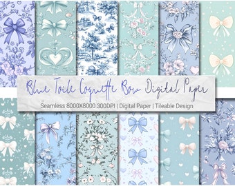 Blue Toile Coquette Bow Digital Paper in 8K - 12 Seamless Patterns, Pastel Coquette Bows Pattern Blue Toile Digital Blue Toile de Jouy Paper