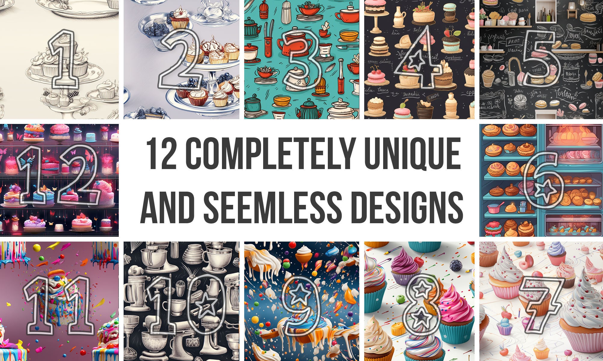 3D Baking Cakes Digital Paper Pack 12 Seamless, Tileable PNG Patterns ...