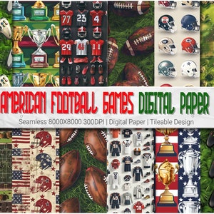 Könnte beinhalten: Digitales Papierpaket mit 10 nahtlosen Mustern mit American-Football-Motiven. Die Muster beinhalten Footballhelme, Fußbälle, Trikots, Trophäen, Spielcontroller und amerikanische Flaggen. Die Muster sind in verschiedenen Farben, darunter Rot, Weiß, Blau, Grün, Braun und Gold.