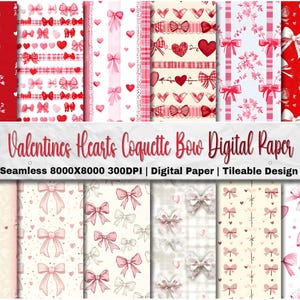 20 Valentines Hearts Coquette Bow Digital Paper 8K - 20 Seamless Patterns, Valentines Papers Valentines Day Coquette Bow Coquette Heart Bow