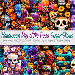 20 Halloween Day of the Dead Sugar Skulls - Seamless Digital Papers Tileable Patterns Halloween Sugar Skull, Floral Day of the Dead Skulls