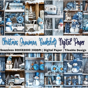 May include: Digital paper featuring a seamless pattern of a blue bookshelf filled with books, snowmen, pine trees, and other winter-themed decorations. The text "Christmas Snowman Bookshelf Digital Paper" is displayed at the top of the image.