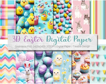 3D Ostern Digitales Papier - 17 kachelbare PNG-Muster, nahtlose Ostermuster mit Ostereiern, Osterhasen & Küken, pastellfarbener Hintergrund