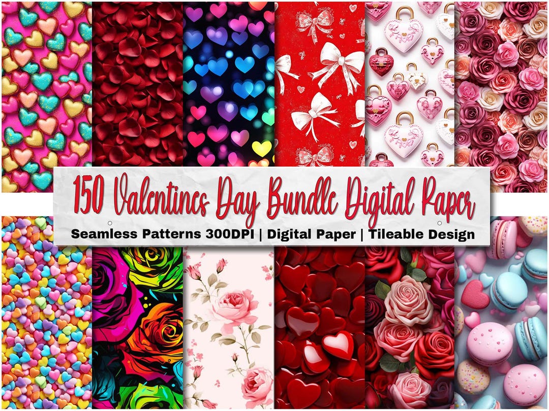 150 Valentines Day Bundle Digital Paper - 150 Seamless Patterns ...