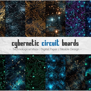 Pacchetto di carta digitale per circuiti cibernetici - 12 modelli PNG piastrellabili senza soluzione di continuità + Bonus, scheda madre, informatica, scheda a circuiti del computer