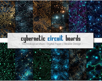 Pack de papier numérique pour circuit imprimé cybernétique - 12 motifs PNG à carreler sans couture + Bonus, carte mère, informatique, circuit imprimé d'ordinateur