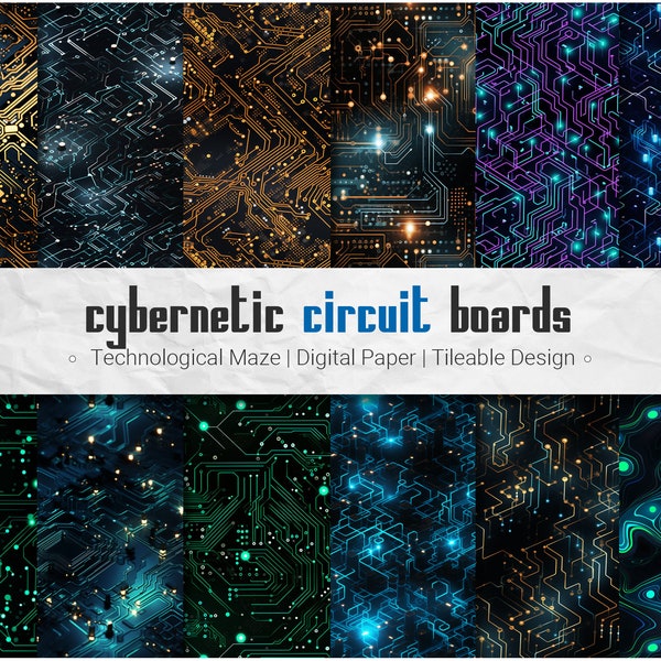 Cybernetic Circuitboard Digital Paper Pack - 12 Seamless Tileable PNG Patterns + Bonus, Motherboard, Computing, Computer Circuit Board