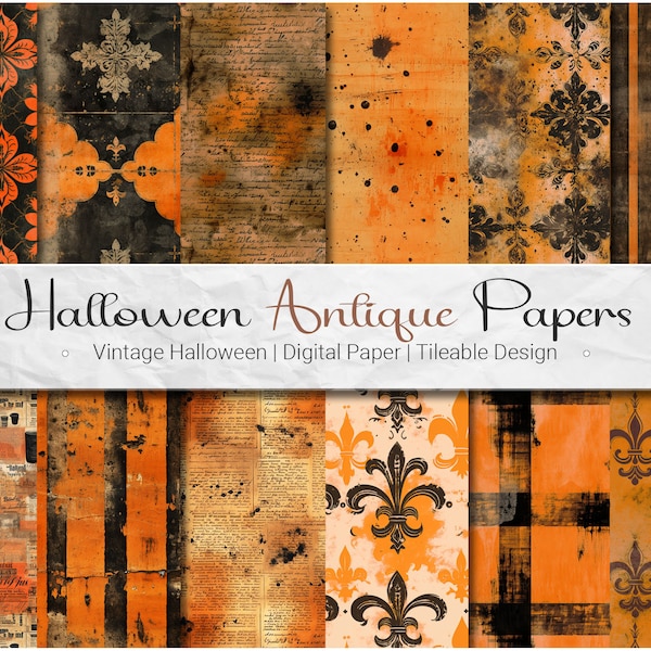 Halloween Antique Papers - Digital Paper Pack 12 Seamless Tileable PNG Patterns + 5 Bonus Vintage Halloween Pattern Distressed Halloween