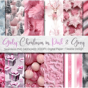 Girly Pink Christmas Digital Paper - 16 Seamless PNG Patterns, Pink Christmas Trees Snow flakes Christmas Patterning Pink Reindeer Pink-Xmas