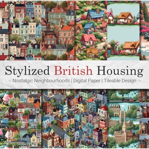 Case britanniche stilizzate - Modelli di carta digitale senza soluzione di continuità 12 Modelli PNG senza soluzione di continuità, piastrellabili + Bonus, Alta risoluzione - Download istantaneo