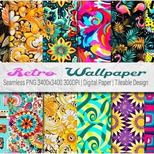 Retro Wallpaper - 18 Seamless Tileable PNG Patterns, Digital Paper, High Resolution, 300DPI Groovy Retro Digital Paper, Nostalgia Design