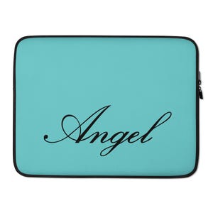 May include: A teal laptop sleeve with the word "Angel" in elegant black script. The sleeve has a black border and a black zipper closure. The overall design is simple and stylish.