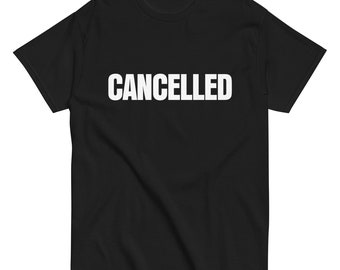 Camiseta CANCELLED Y2K com estampa gráfica, nostalgia da internet, texto engraçado e irônico, 2014-2016, Pinterest, Tumblr, streetwear.