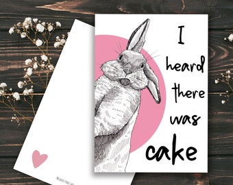 Biglietto di auguri di compleanno con coniglietto Peekaboo - download immediato - Ho sentito che c'era una torta - citazione di complimento stampabile - disegno di un animale del bosco