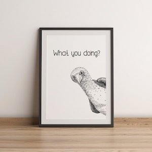Curioso arte de pared de baño con piquero de patas azules / ¿Qué estás haciendo? / Impresión digital Divertido animal pájaro dibujo Cartel frase humor baño baño