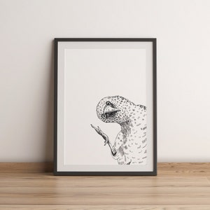May include: Black and white line drawing of a bird with a long beak and large eyes, looking to the left. The bird is holding a branch in its right foot. The drawing is framed in a black frame.