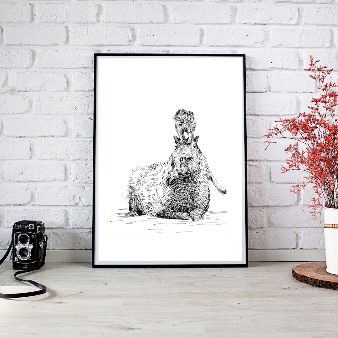 Monkey & Capybara Ink Illustration Printable Wall Art - Instant ...