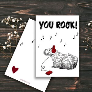 Capybara YOU ROCK druckbare Grußkarte - zum sofortigen Download - niedliche Freundschaft Musik-Liebhaber Wertschätzung Tinte inspirierende Statement Karte