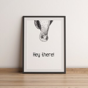 May include: Black and white illustration of a bird hanging upside down with the text "Hey there!" printed below.