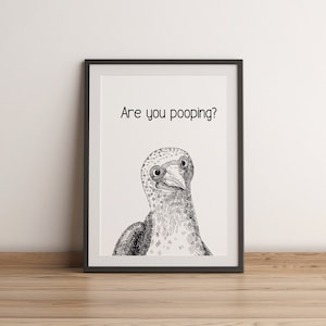 May include: Black and white illustration of a bird with the text "Are you pooping?" printed above it.