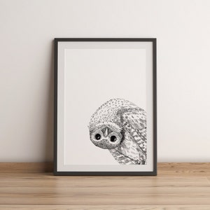 Niedliche PEEKABOO Eule Zeichnung, schwarz & weiß, neugierig lustige Tier Natur Vogel Druck, Printable Poster sofortiger Download, Kinder-Kinderzimmer-Dekor