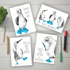 Conjunto de 4 curiosas tarjetas de felicitación imprimibles de piquero de patas azules / descarga instantánea / Frase divertida bailando tarjetas de dibujo de pájaro piquero para un amigo