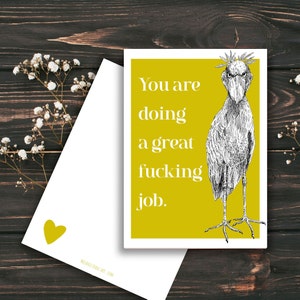 GREAT JOB Schuhschnabel Vogel druckbare Karte, sofort-Download, lustiges Statement Tinte Tier Zeichnung Arbeit Wertschätzung Druck für Kollegen Partner