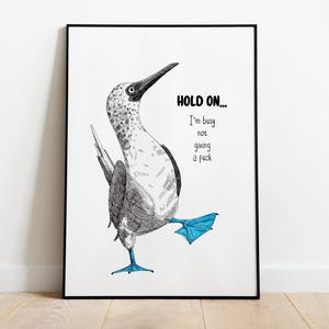 May include: A black framed print featuring a blue-footed booby bird illustration. The bird is standing on one leg with its blue foot raised. The text reads "HOLD ON... I'm busy not giving a fuck."