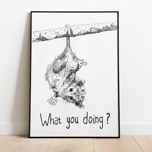 Curious Opossum Wall Art | What you doing | printable download opossum poster statement phrase animal print ink drawing black white decor