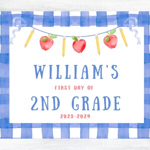 Printable First Day of School Sign, Blue Gingham with Apple & Pencil Banner,  Printable, Editable School Sign, Grandmillenial
