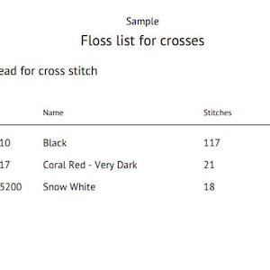 May include: A floss list for cross stitch with three colours: black, coral red, and snow white. The list includes the DMC floss number, name, and number of stitches for each colour.