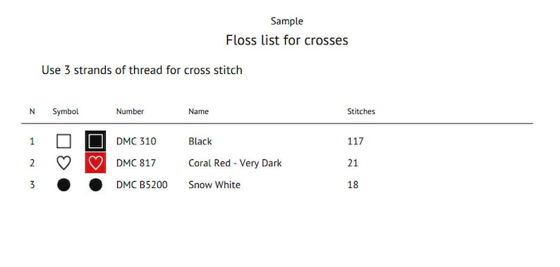 May include: A floss list for cross stitch with three colours: black, coral red, and snow white. The list includes the DMC floss number, name, and number of stitches for each colour.