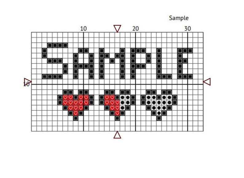 May include: Black and white cross-stitch pattern with the word "SAMPLE" and three hearts. The hearts are red with white outlines, and the middle heart has a black and white polka dot pattern.