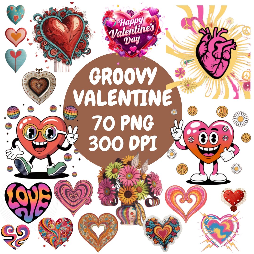 Retro 70s Valentine PNG Clipart | Groovy Heart Graphics (digital ...