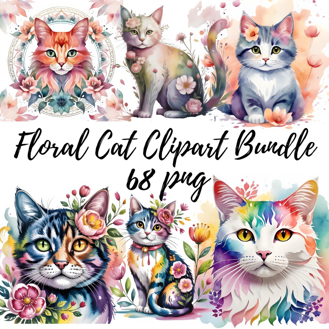 Watercolor Floral Cat Clipart | Whimsical Animal Designs (PNG & JPG) - Etsy